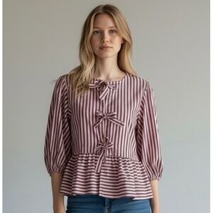 NEW Pink Striped Bow Front Large Peplum Blouse Puff Sleeve Top Coquette